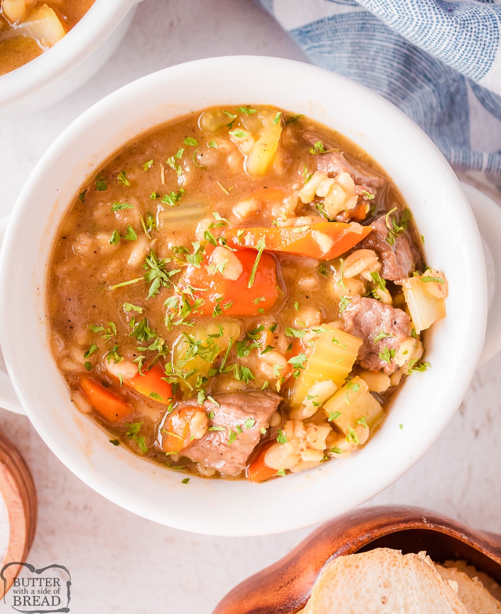 beef barley soup in a white bowl