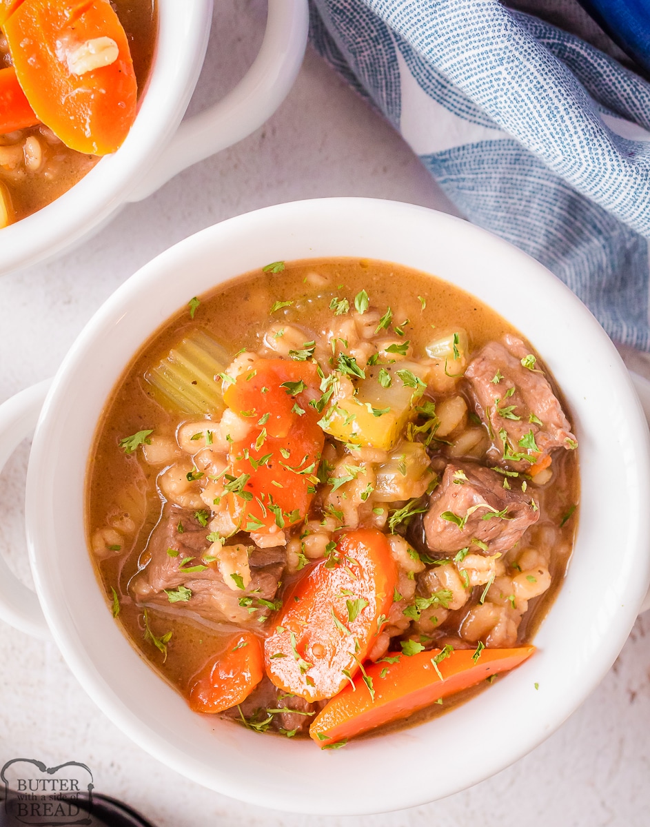 beef and barley soup with carrots and celery