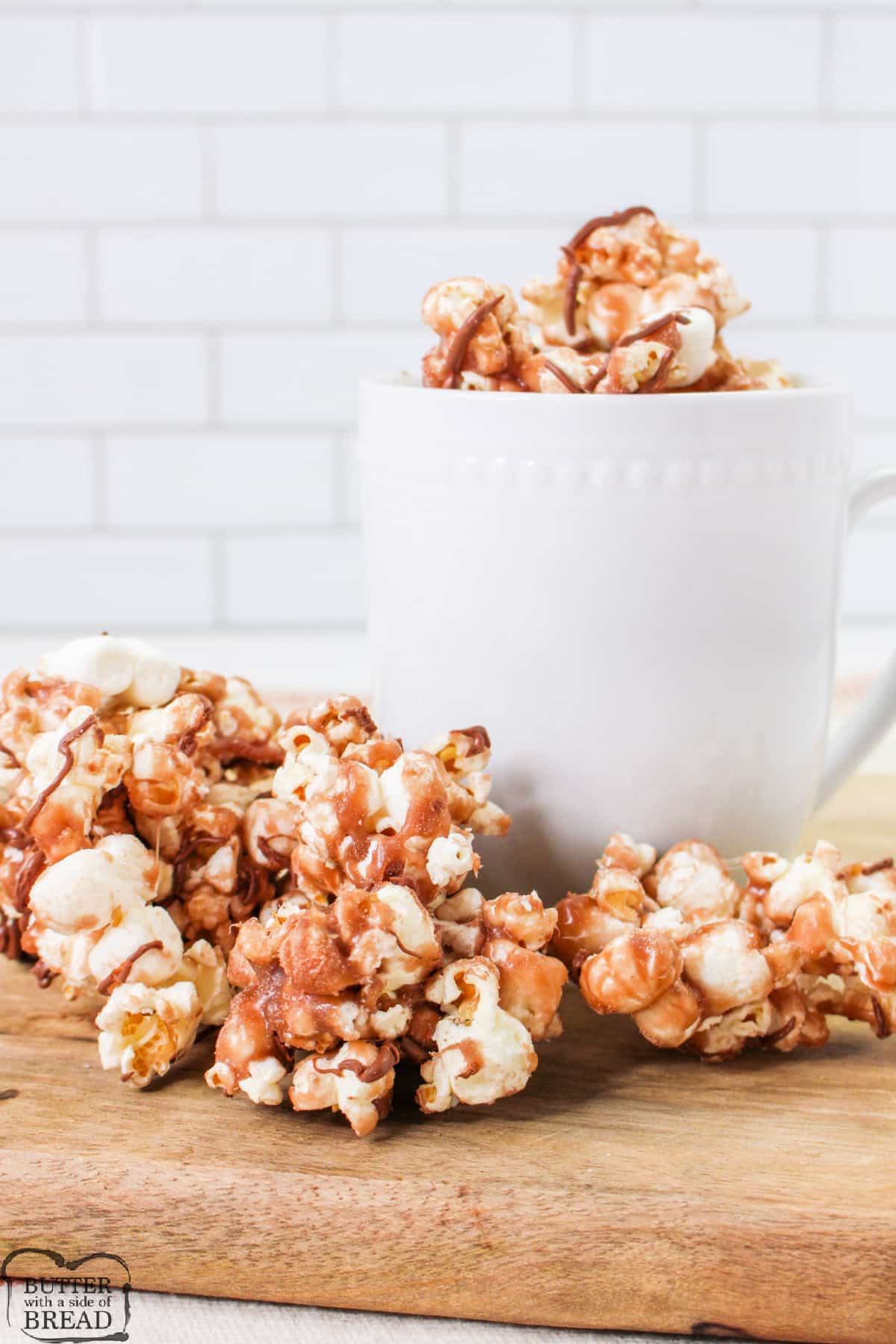 Popcorn coated with hot cocoa mix and marshmallows