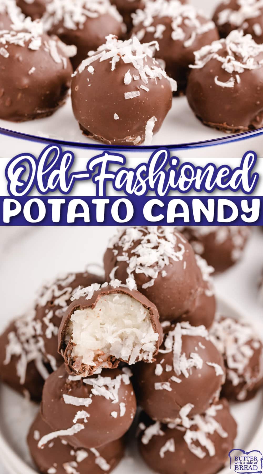 Old Fashioned Potato Candy recipe made with mashed potatoes tastes like a Mounds bar! Only 5 ingredients to make this delicious chocolate covered potato candy. 