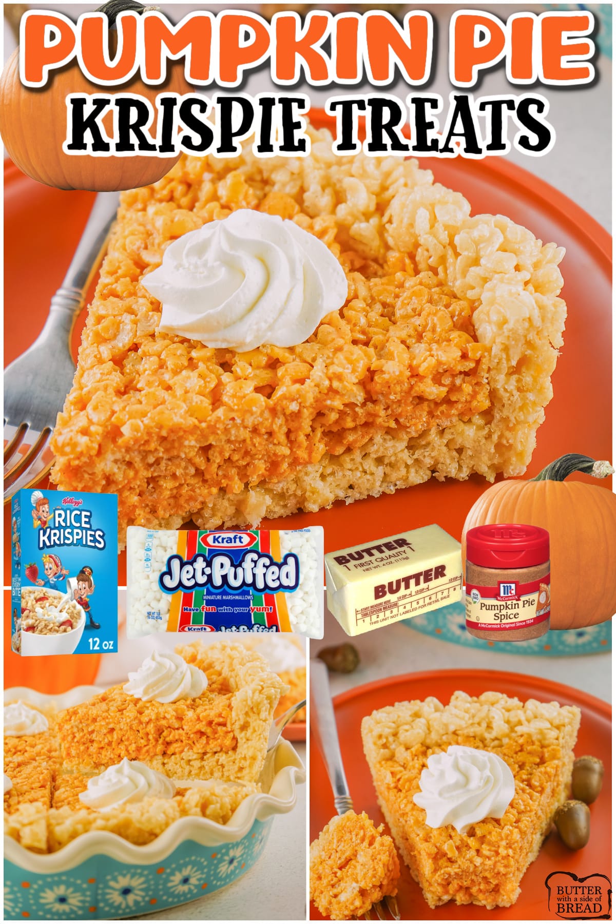 Pumpkin Pie Krispie Treats are a festive addition to your Thanksgiving feast! These rice krispie pumpkin treats are a deliciously spiced with pumpkin flavor we all love!