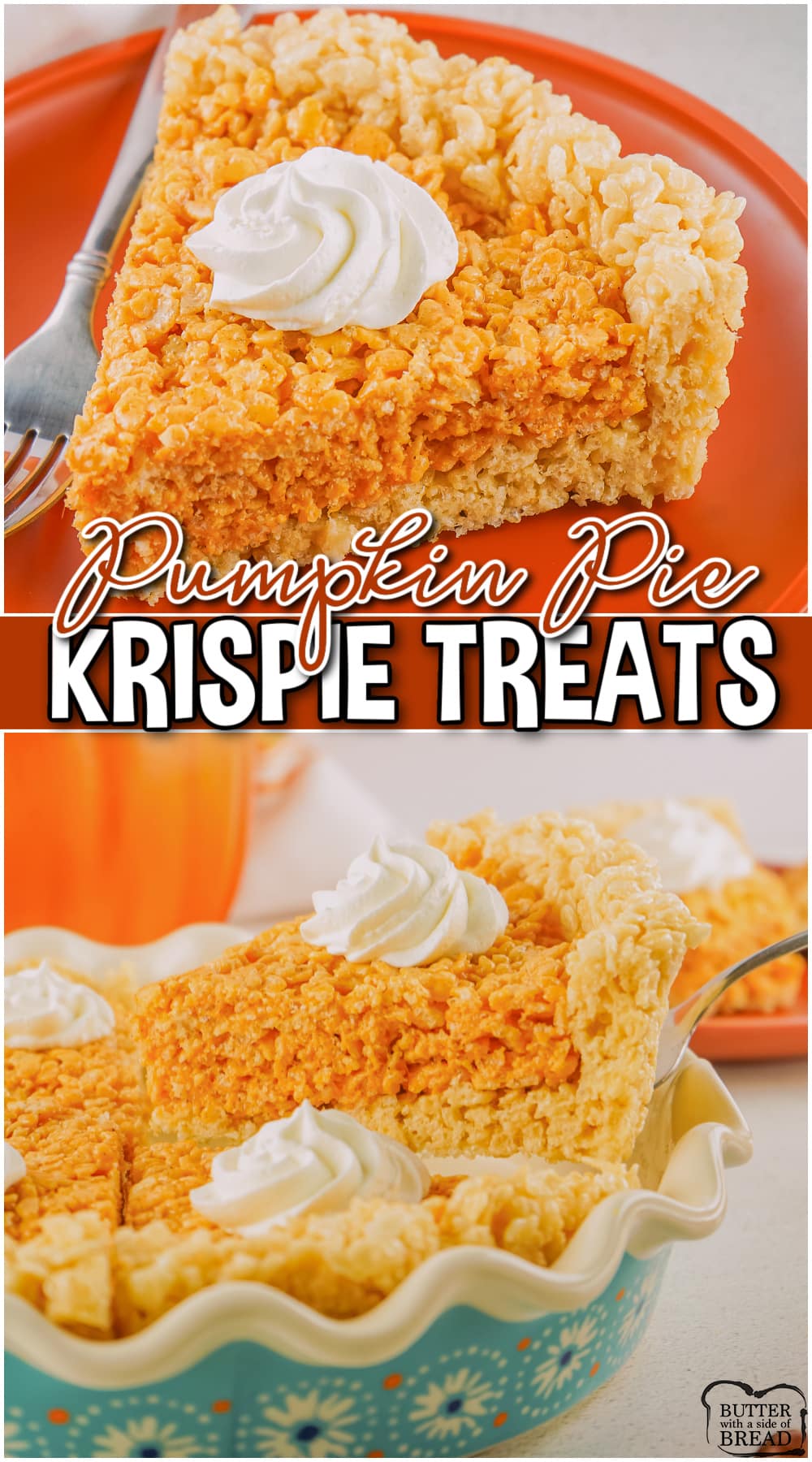 Pumpkin Pie Krispie Treats are a festive addition to your Thanksgiving feast! These rice krispie pumpkin treats are a deliciously spiced with pumpkin flavor we all love!