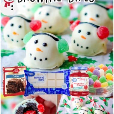 Snowman Brownie Bites are a delicious bite-sized dessert made with just 5 ingredients! These Snowman brownies are a fun, festive addition to holiday candy trays!