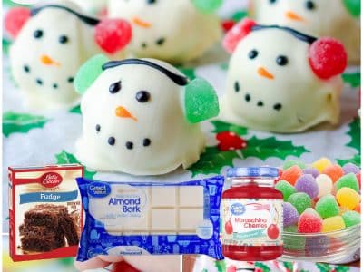 Snowman Brownie Bites are a delicious bite-sized dessert made with just 5 ingredients! These Snowman brownies are a fun, festive addition to holiday candy trays!