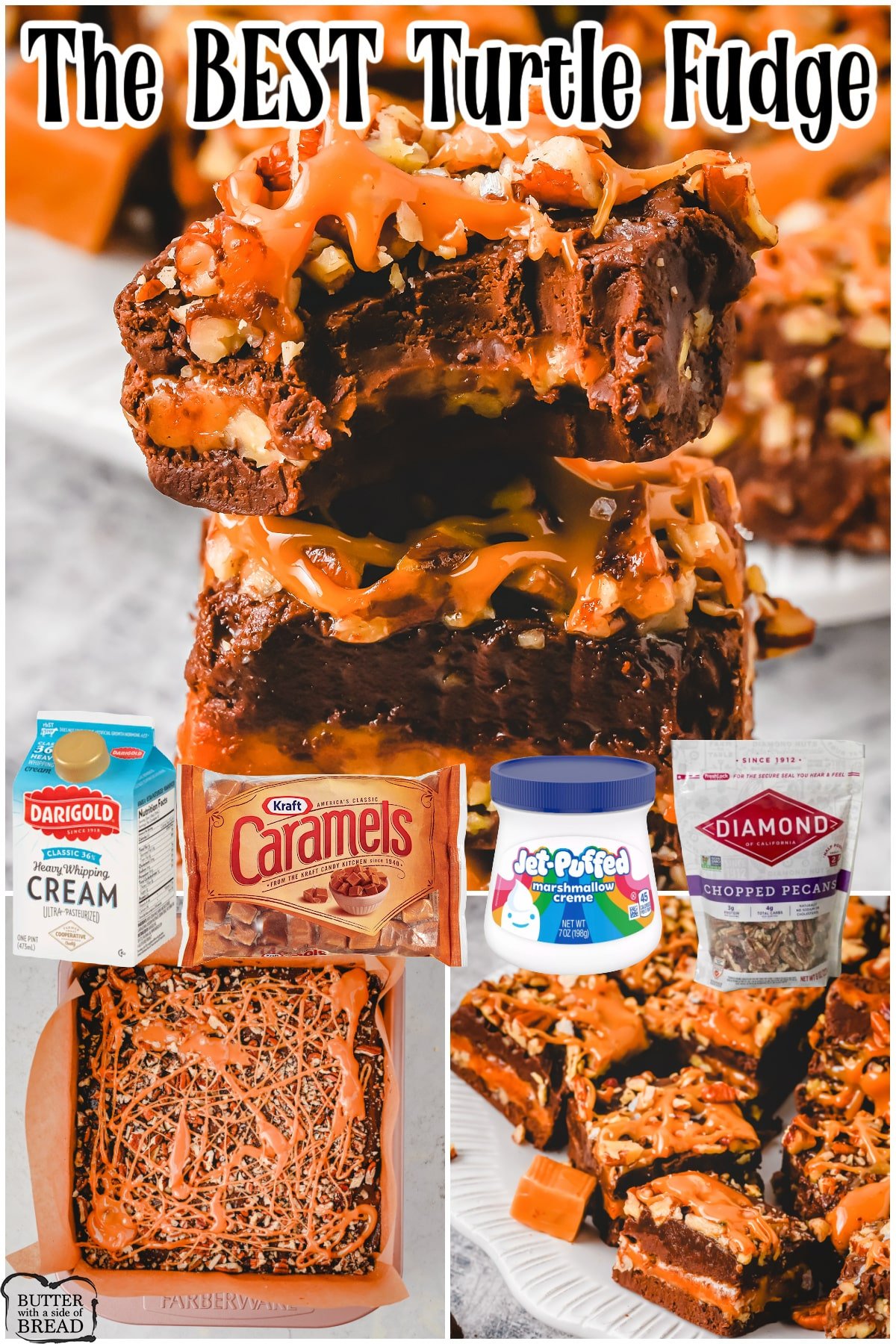 Turtle fudge recipe made with layers of smooth chocolate fudge, crunchy pecans, & creamy caramels. Caramel pecan fudge perfect for holiday dessert trays!