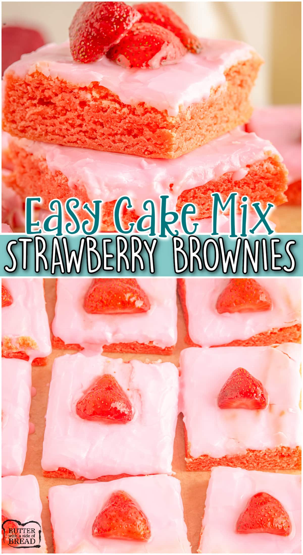 Cake Mix Strawberry Brownies made easy with a handful of simple ingredients! Fantastic strawberry flavor in these fudgy strawberry bars topped with berry icing!