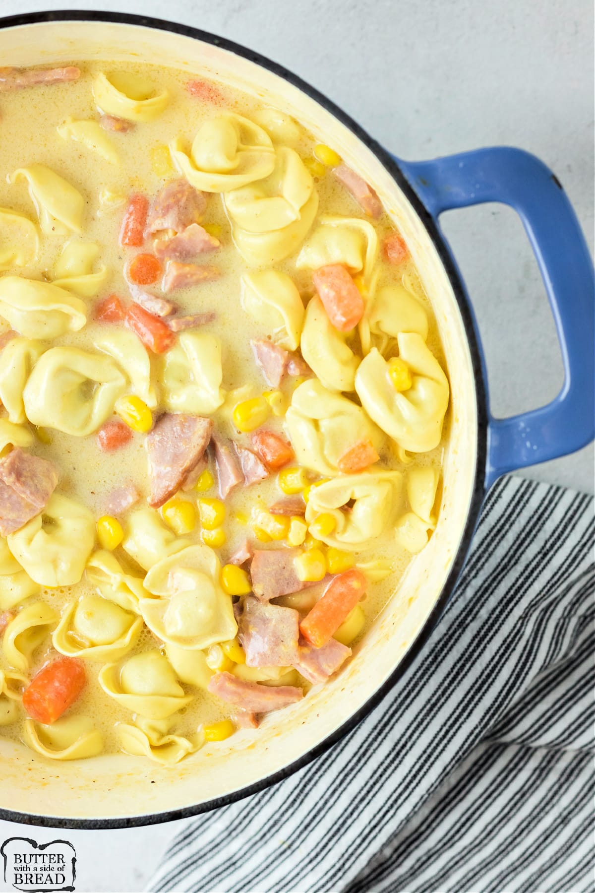 Soup with tortellini, cheese, ham and veggies