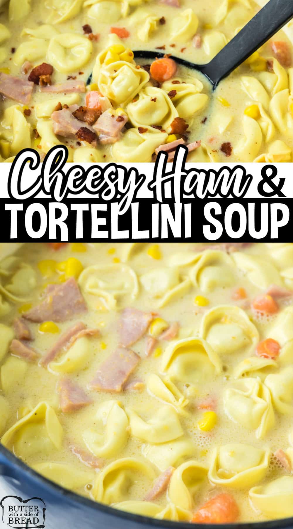 Cheesy Ham & Tortellini Soup made with chicken broth, cheese tortellini, ham and cheddar cheese.  Easy ham soup recipe that is perfect for cold winter nights!