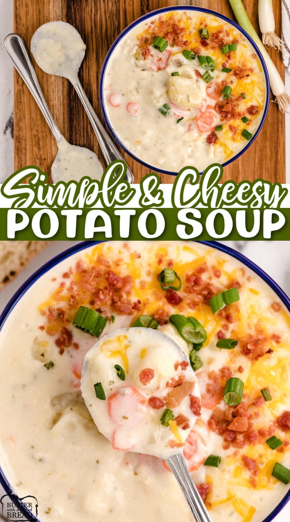 Cheesy Potato Soup made with onions, carrots, potatoes and cheese. Delicious potato cheese soup recipe that is so simple to make on the stove!