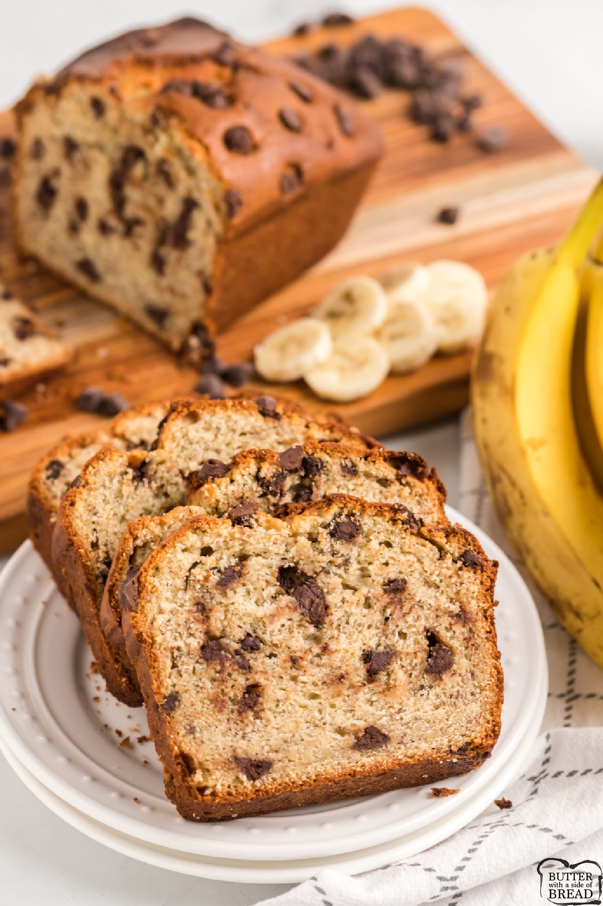 Chocolate Chip Banana Bread made with fresh bananas, chocolate chips and sour cream. Moist and delicious banana bread recipe.