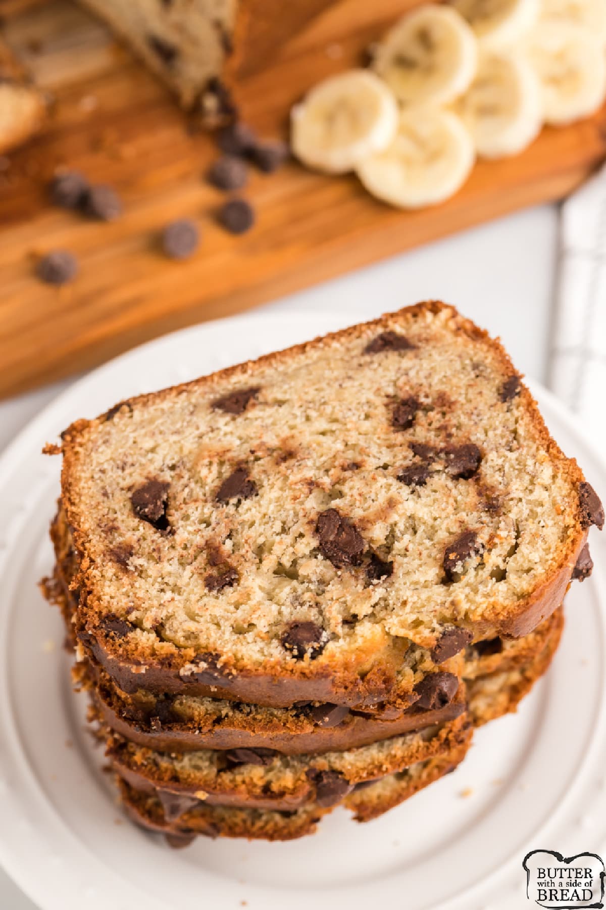 Chocolate Chip Banana Bread made with fresh bananas, chocolate chips and sour cream. Moist and delicious banana bread recipe.