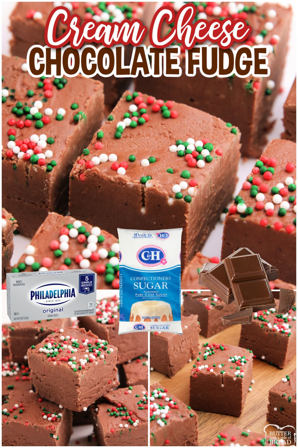 Cream Cheese Chocolate Fudge made with only 5 ingredients, no cooking required! Easy fudge recipe made with unsweetened chocolate, cream cheese and powdered sugar.