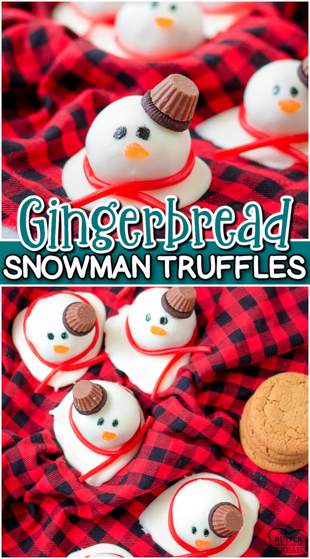 Gingerbread snowman truffles are simple, no bake holiday treats perfect for cookie trays! Crushed gingersnaps mixed with cream cheese, rolled & dipped in almond bark, then decorated like snowmen!