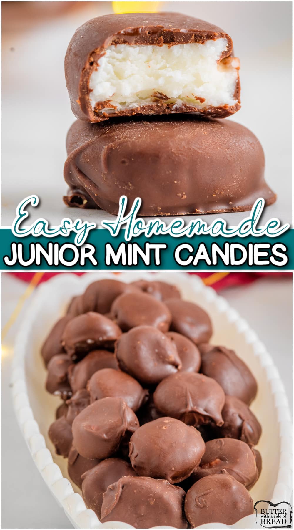 Homemade Junior Mint Chocolate Candies are soft, chewy, minty & perfect for holiday dessert trays! Easy mints made with cream cheese, sugar & peppermint, then dipped in chocolate!