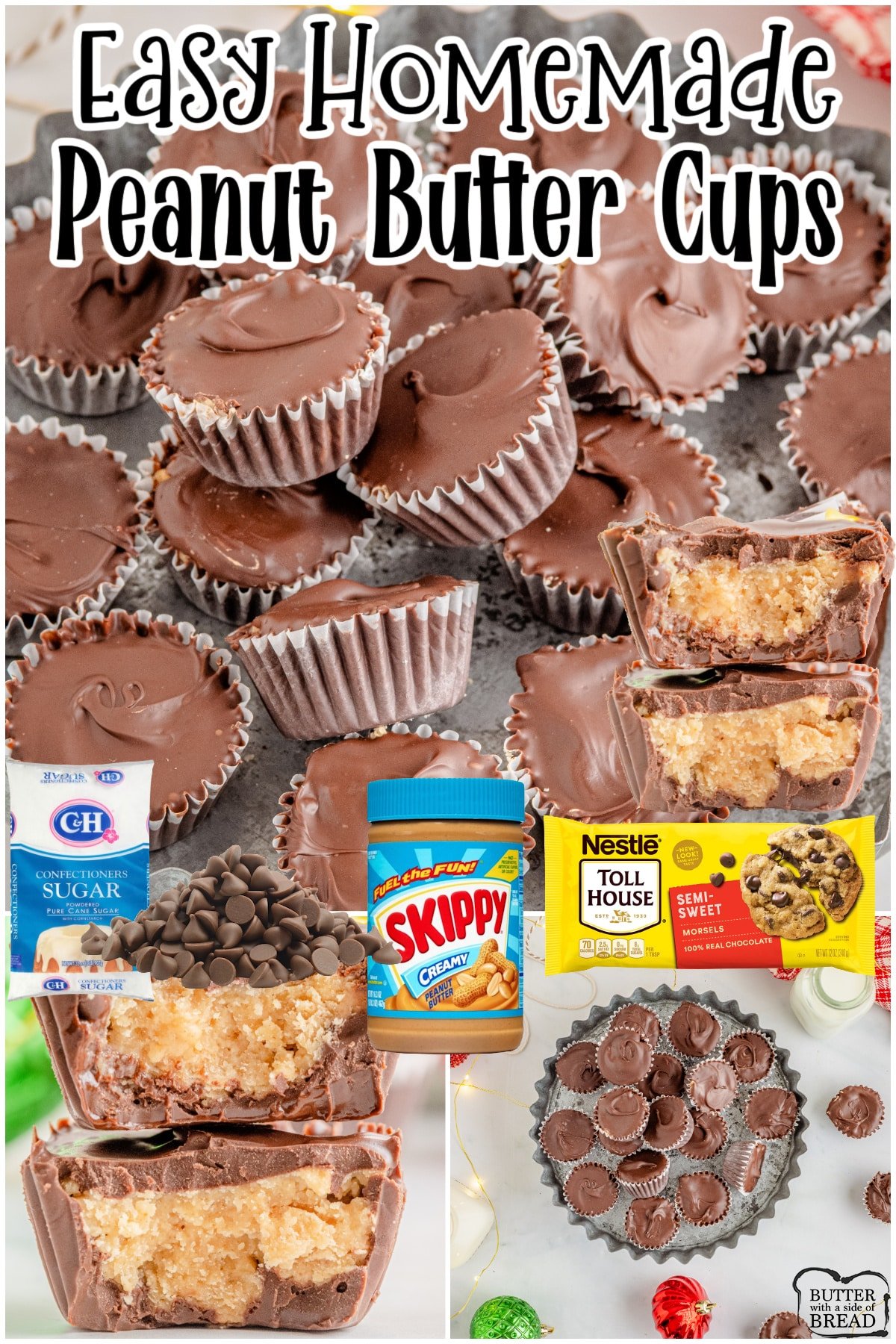 Homemade Peanut Butter Cups made with a handful of ingredients & so much better than store bought! Fun, festive addition to holiday candy trays!