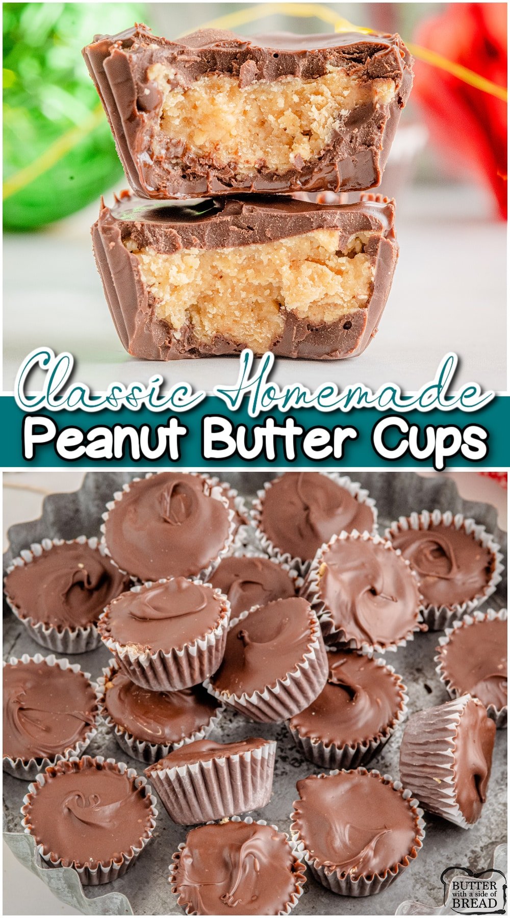 Homemade Peanut Butter Cups made with a handful of ingredients & so much better than store bought! Fun, festive addition to holiday candy trays!