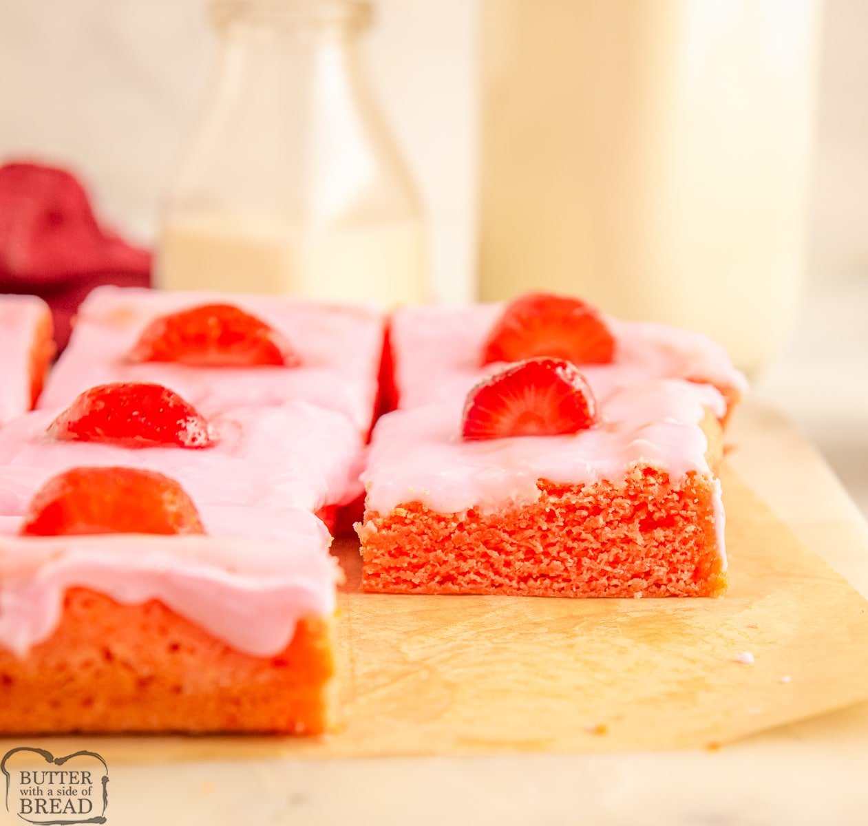 sliced strawberry brownies made with cake mix