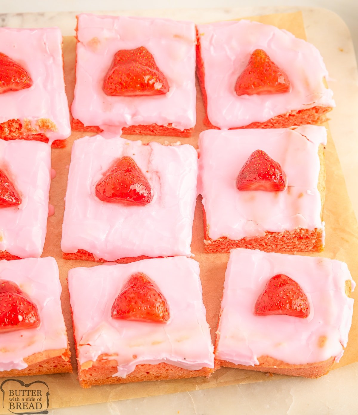 strawberry brownies that have been cut into squares