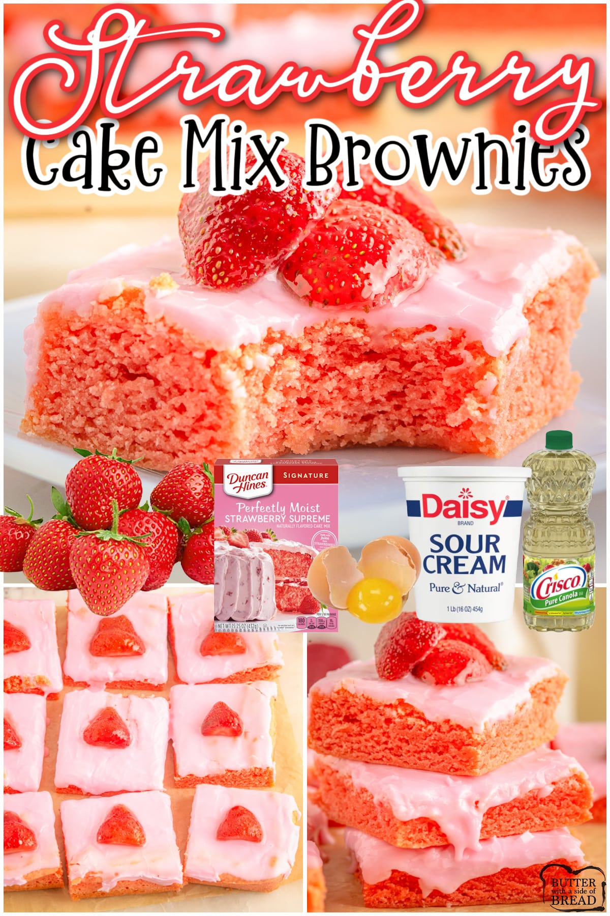 Cake Mix Strawberry Brownies made easy with a handful of simple ingredients! Fantastic strawberry flavor in these fudgy strawberry bars topped with berry icing!