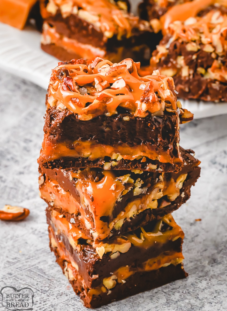 stacked squares of turtle fudge