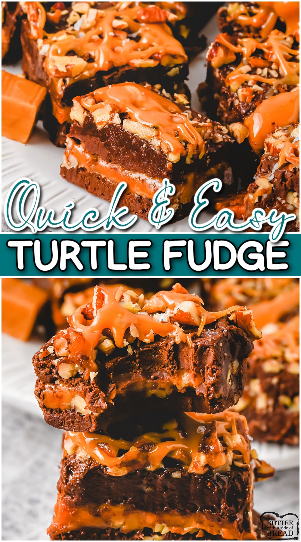 Turtle fudge recipe made with layers of smooth chocolate fudge, crunchy pecans, & creamy caramels. Caramel pecan fudge perfect for holiday dessert trays!