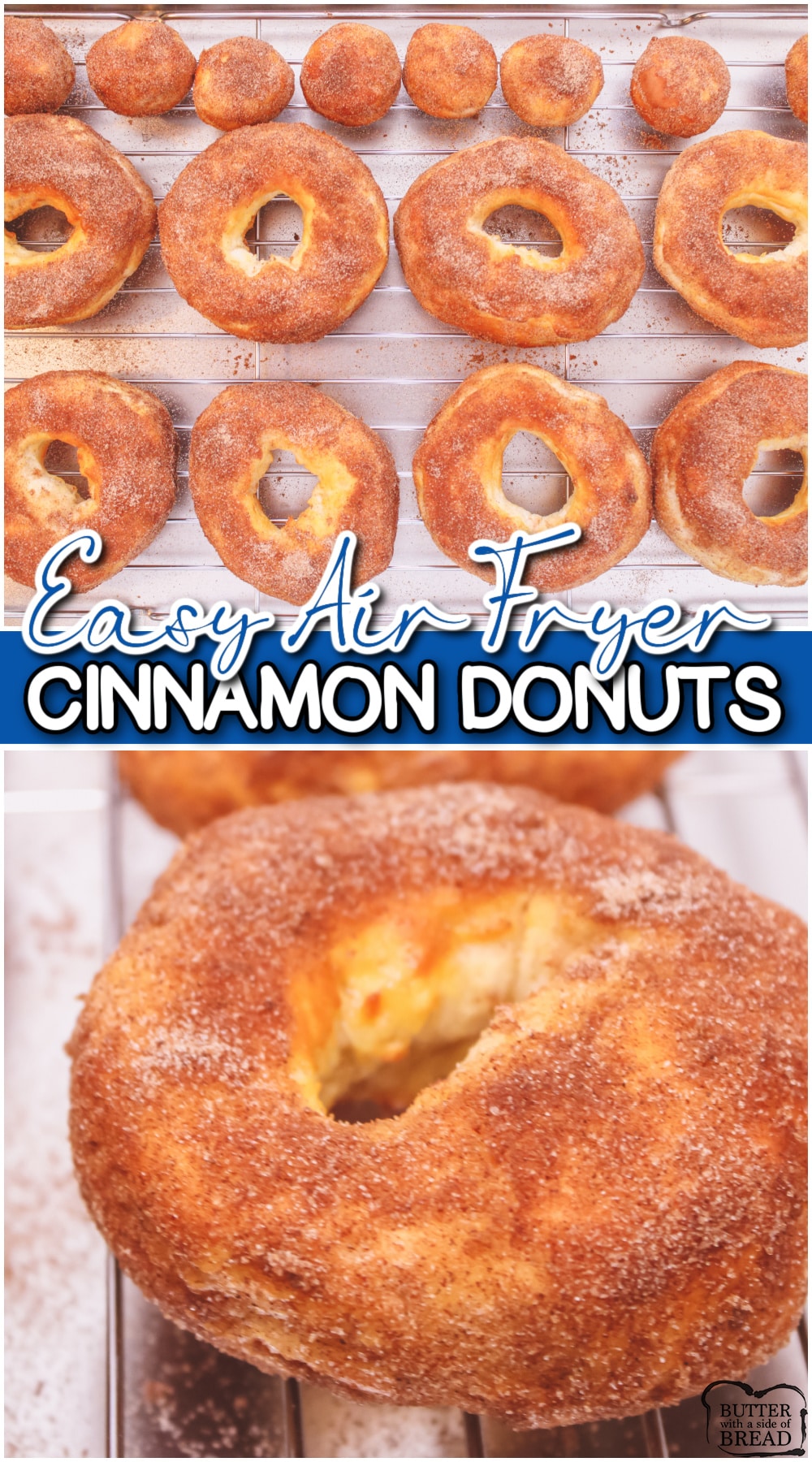 Easy Cinnamon Donuts are a simple and delightful treat, made with only 4 ingredients! These air fryer cinnamon donuts are made with a can of biscuit dough, making this a great treat to whip up in the morning.
