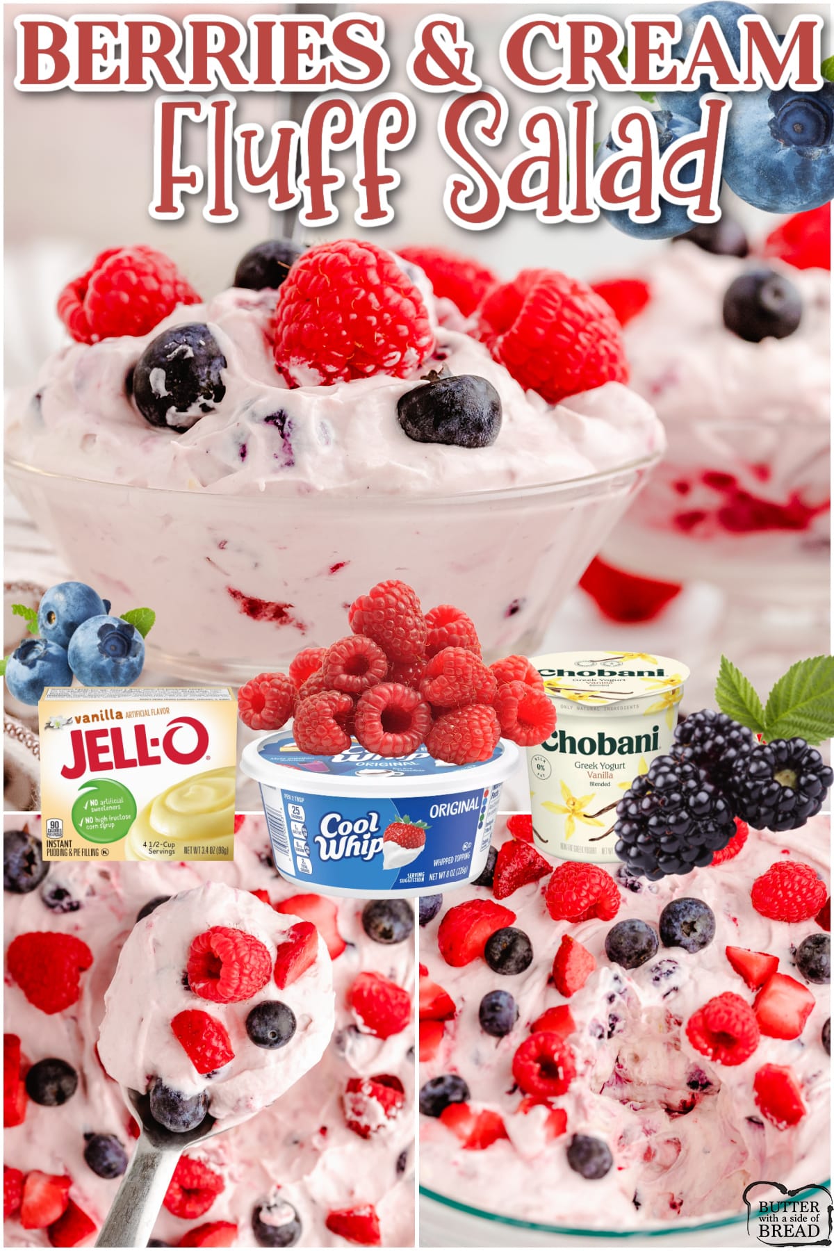 Berries and Cream Salad is an incredible side dish that is made with only 4 basic ingredients! This frozen fruit salad is a fantastic combination of yogurt, frozen berries, and whipped cream.