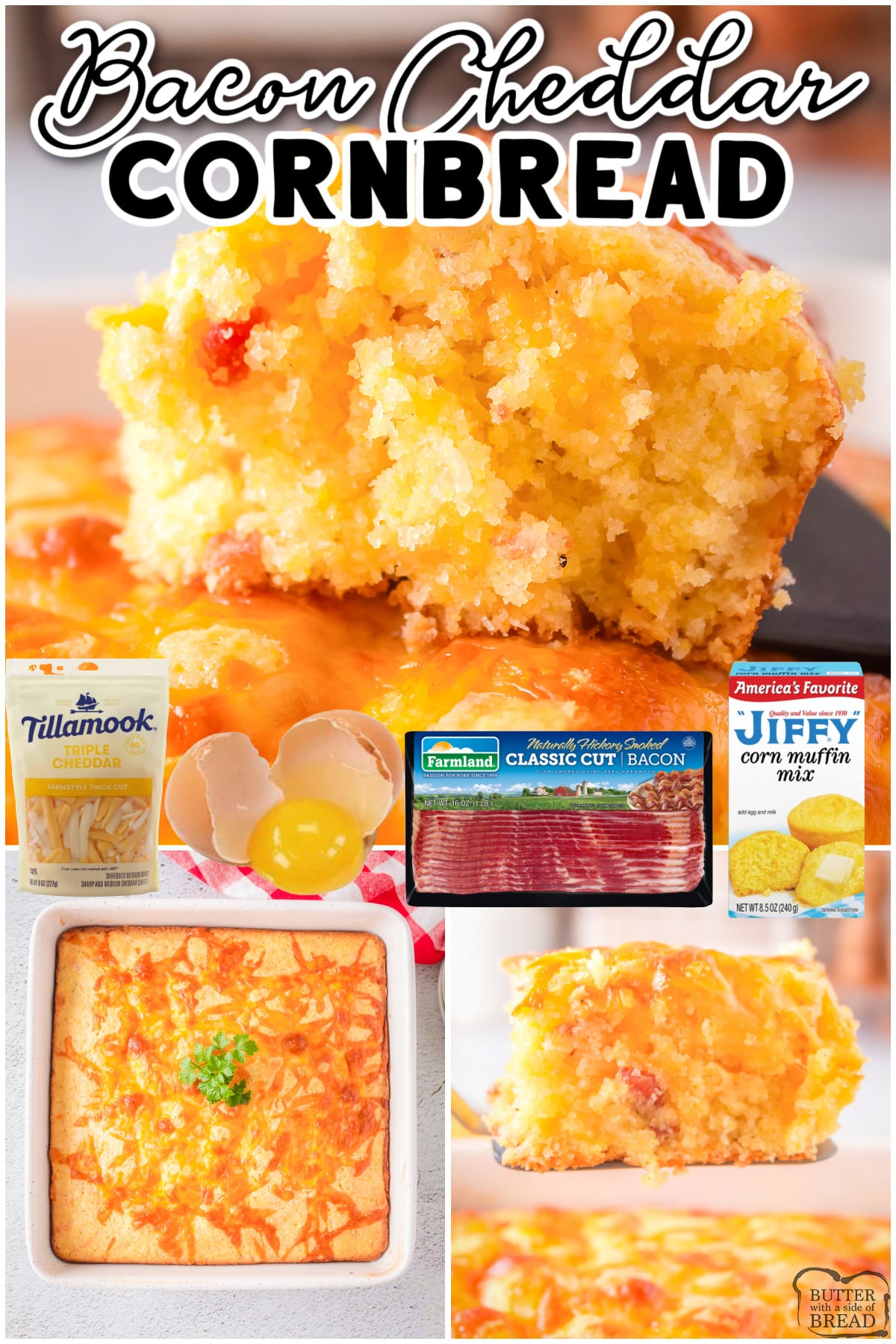 Bacon Cheddar Cornbread is an irresistible savory side dish that starts with a cornbread mix & adds bacon, butter, seasonings & cheddar cheese! Amazing bacon cornbread to serve alongside dinner.