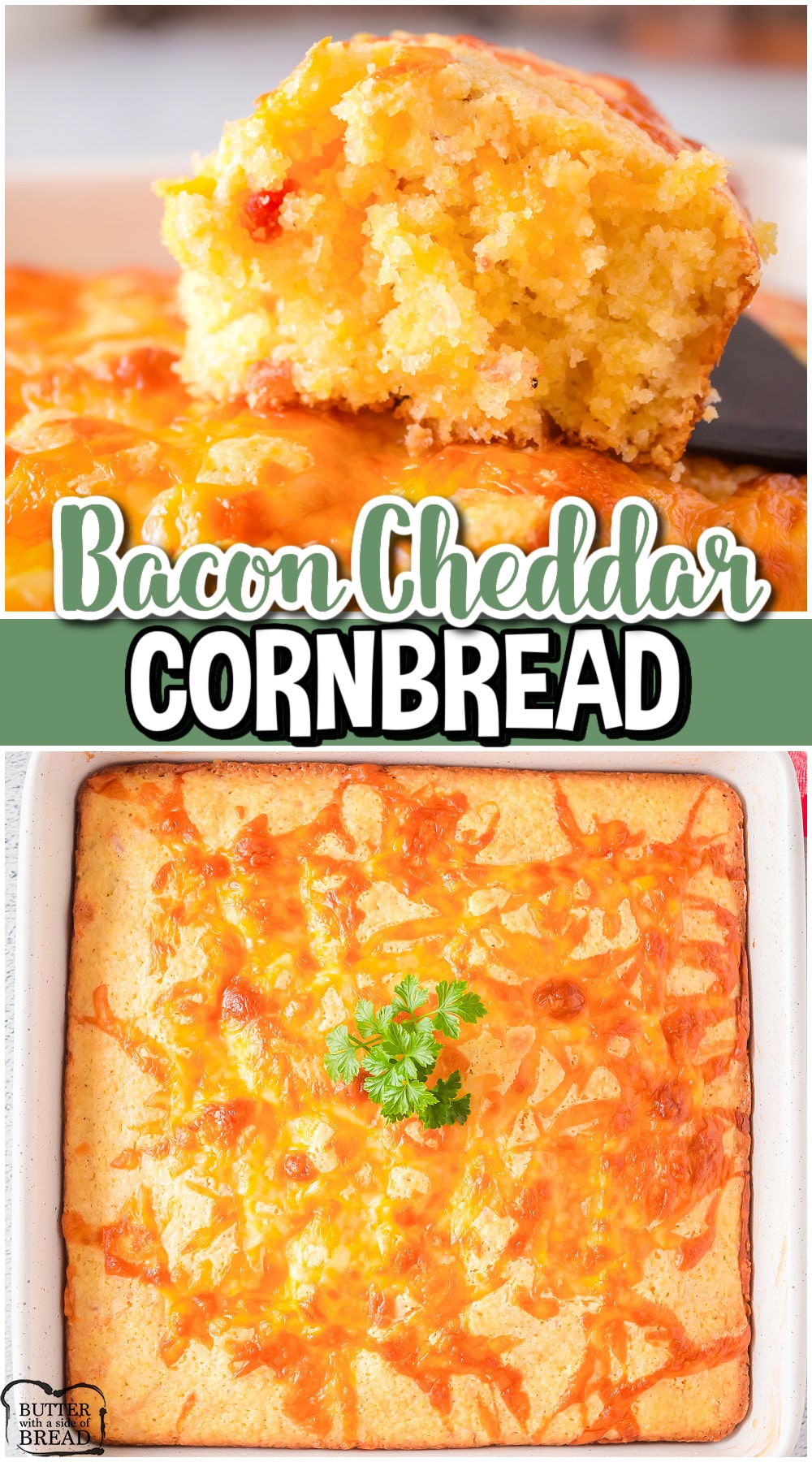 Bacon Cheddar Cornbread is an irresistible savory side dish that starts with a cornbread mix & adds bacon, butter, seasonings & cheddar cheese! Amazing bacon cornbread to serve alongside dinner. 