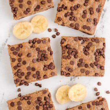 squares of banana bars with chocolate chips