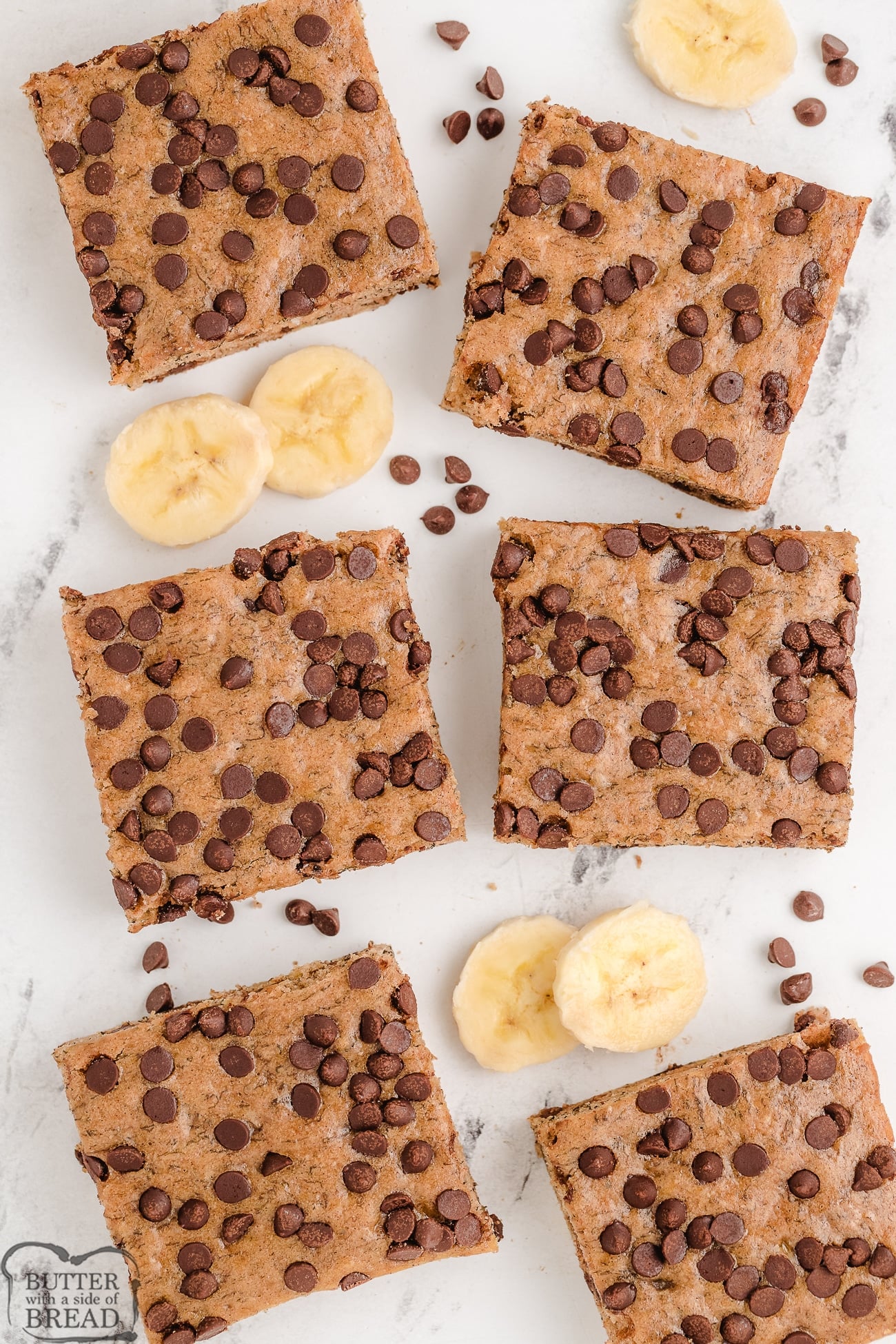 squares of banana bars with chocolate chips