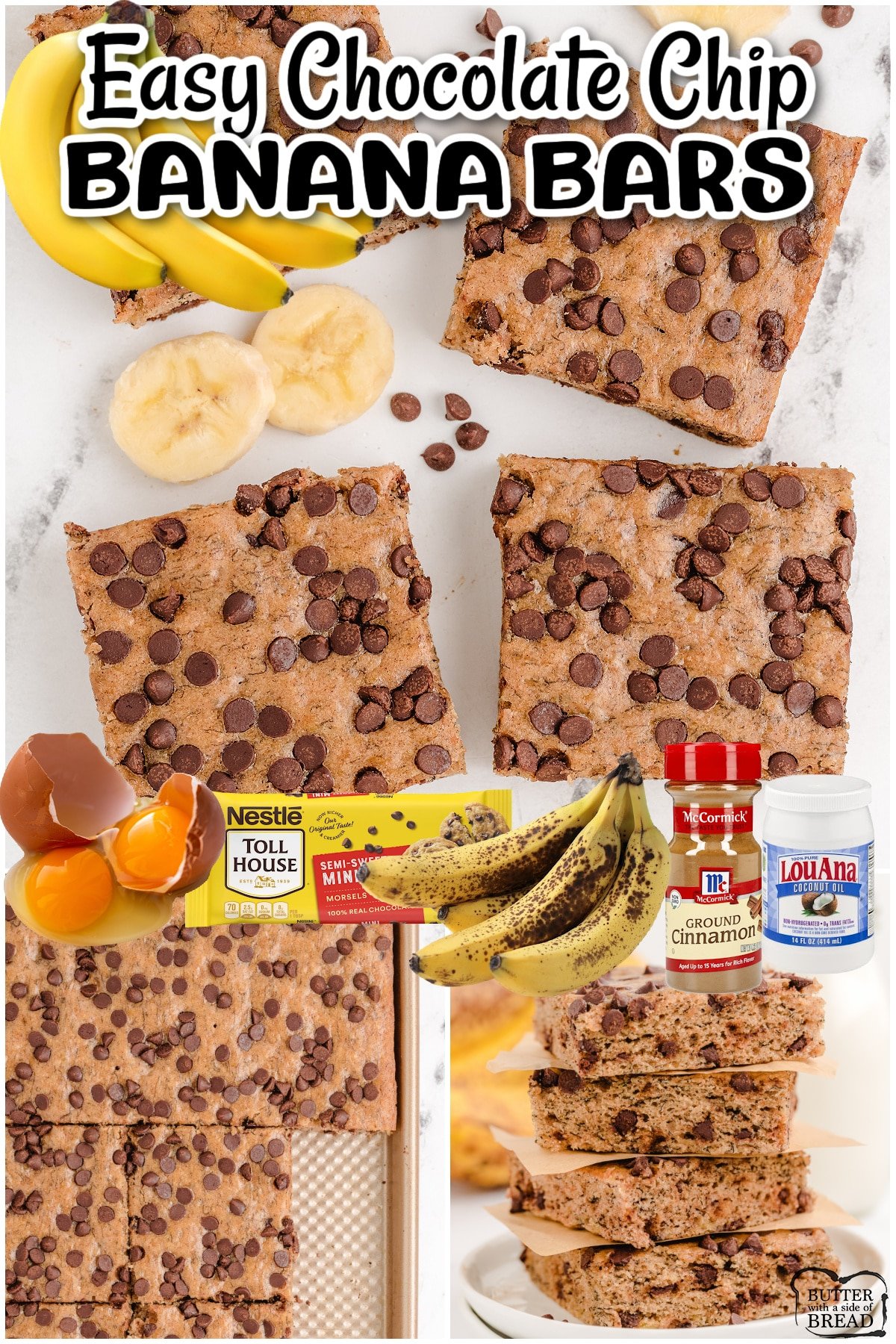 Chocolate Chip Banana Bars are a simple & delicious ripe banana recipe that's even better than banana bread! Great for breakfast, lunch and even dessert! Check out all the 5 star reviews- everyone raves about this easy banana recipe!