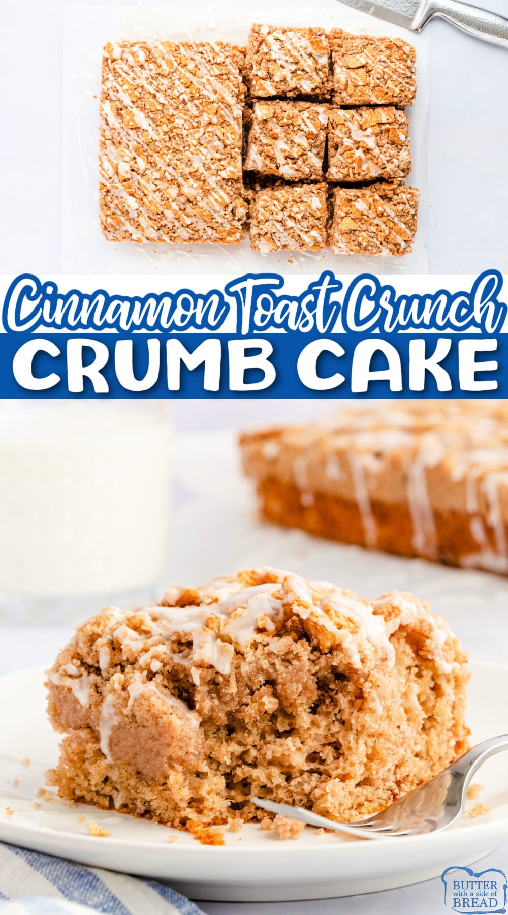 Cinnamon Toast Crunch Crumb Cake is absolutely delicious and so easy to make using a boxed cake mix. Soft, moist cake recipe covered with a crunchy cinnamon topping.
