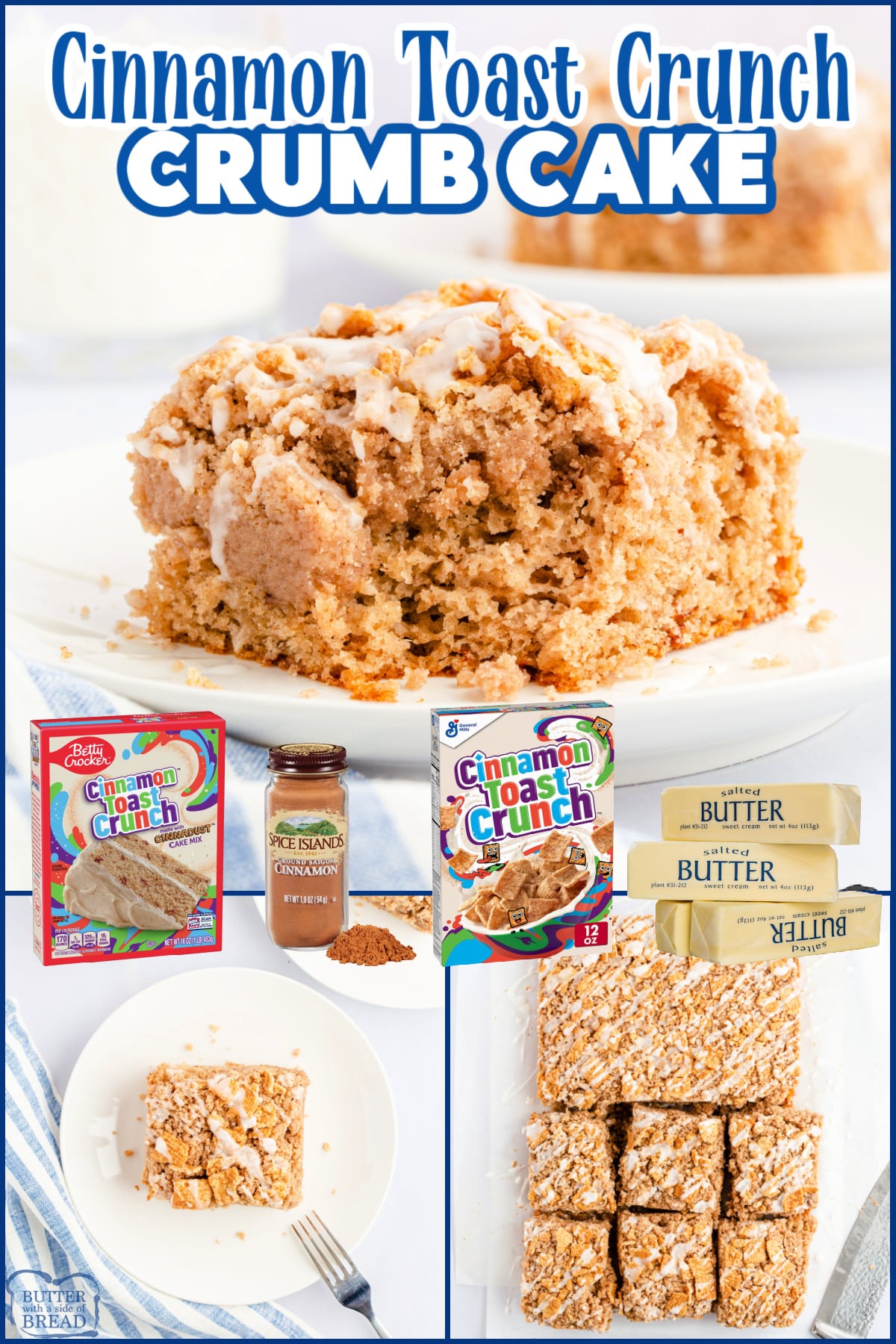 Cinnamon Toast Crunch Crumb Cake is absolutely delicious and so easy to make using a boxed cake mix. Soft, moist cake recipe covered with a crunchy cinnamon topping.