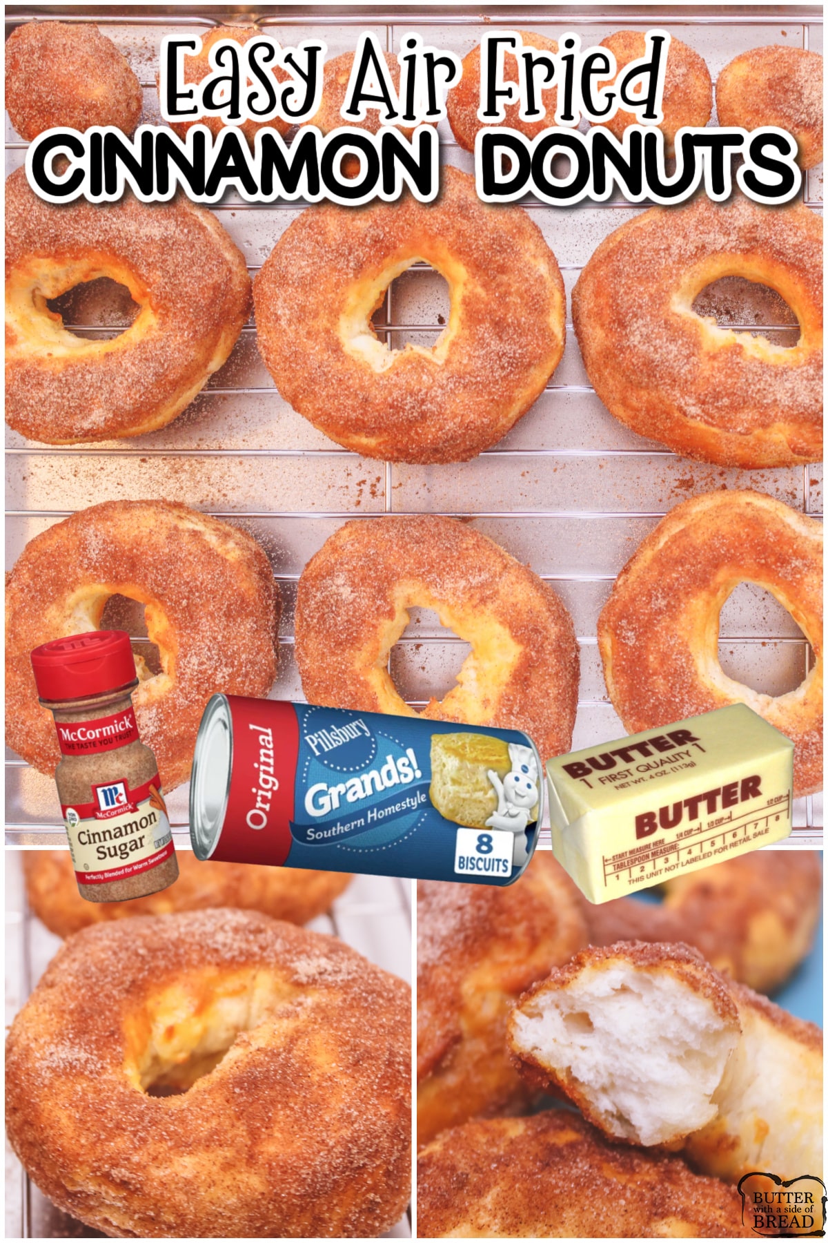 Easy Cinnamon Donuts are a simple and delightful treat, made with only 4 ingredients! These air fryer cinnamon donuts are made with a can of biscuit dough, making this a great treat to whip up in the morning.