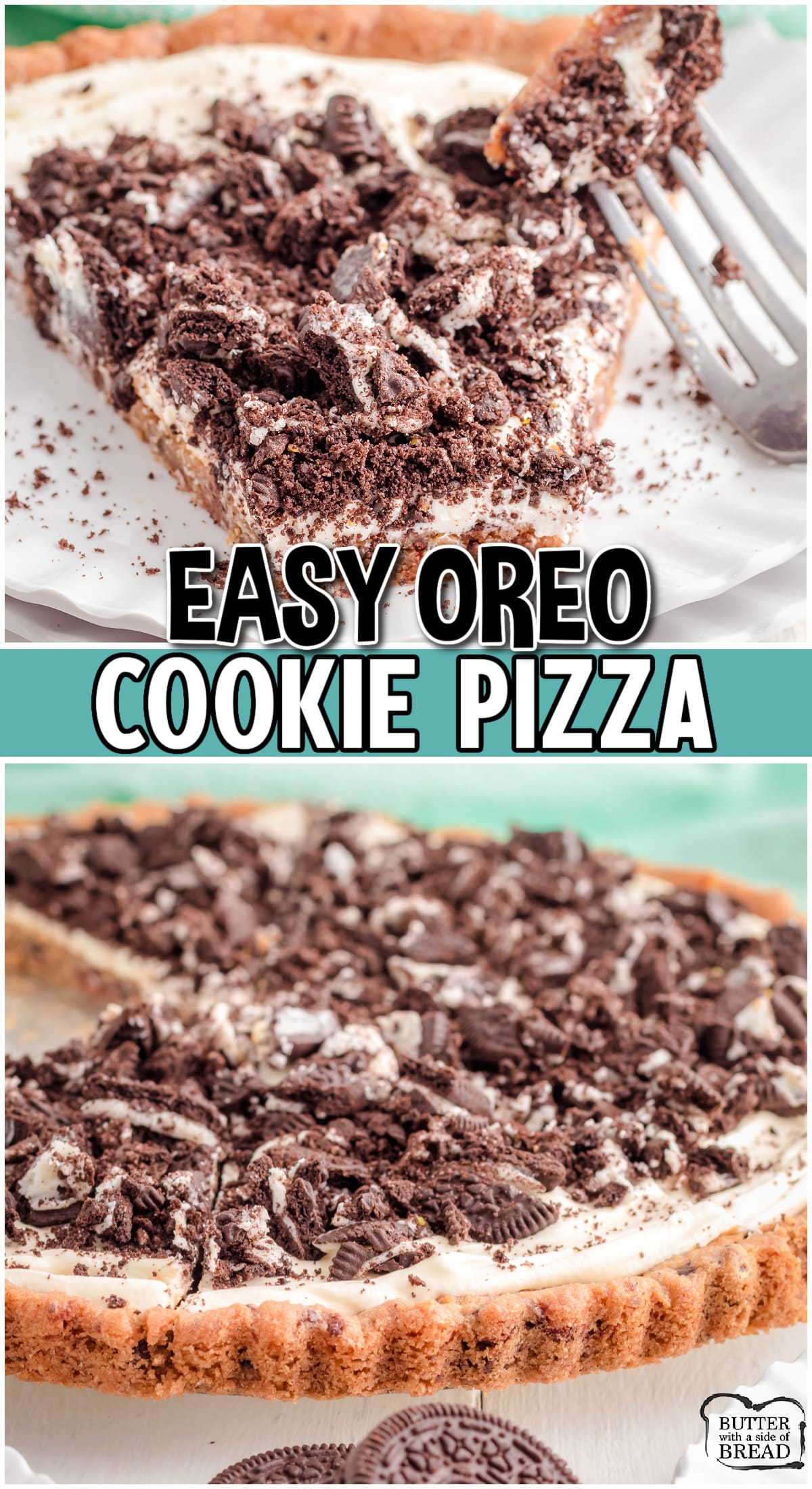 Oreo Pizza is made with chocolate chip cookie dough, baked & topped with a sweet cream cheese frosting & chopped Oreo cookies! Perfect dessert for Oreo cookie lovers!