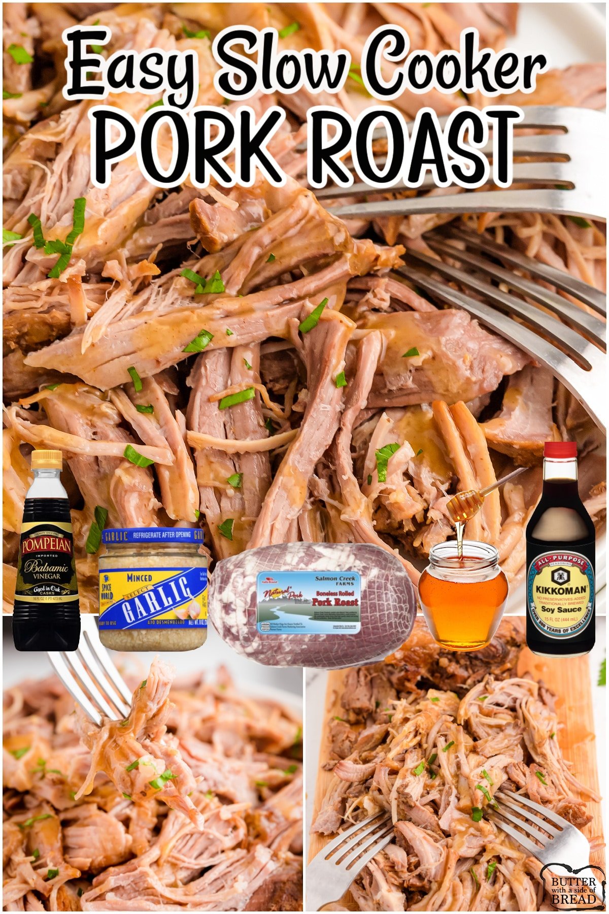 Slow Cooker Pork Roast made with simple ingredients, ready to cook in minutes! Fall-apart tender pork with a flavorful gravy on top make this crock pot pork recipe incredible.