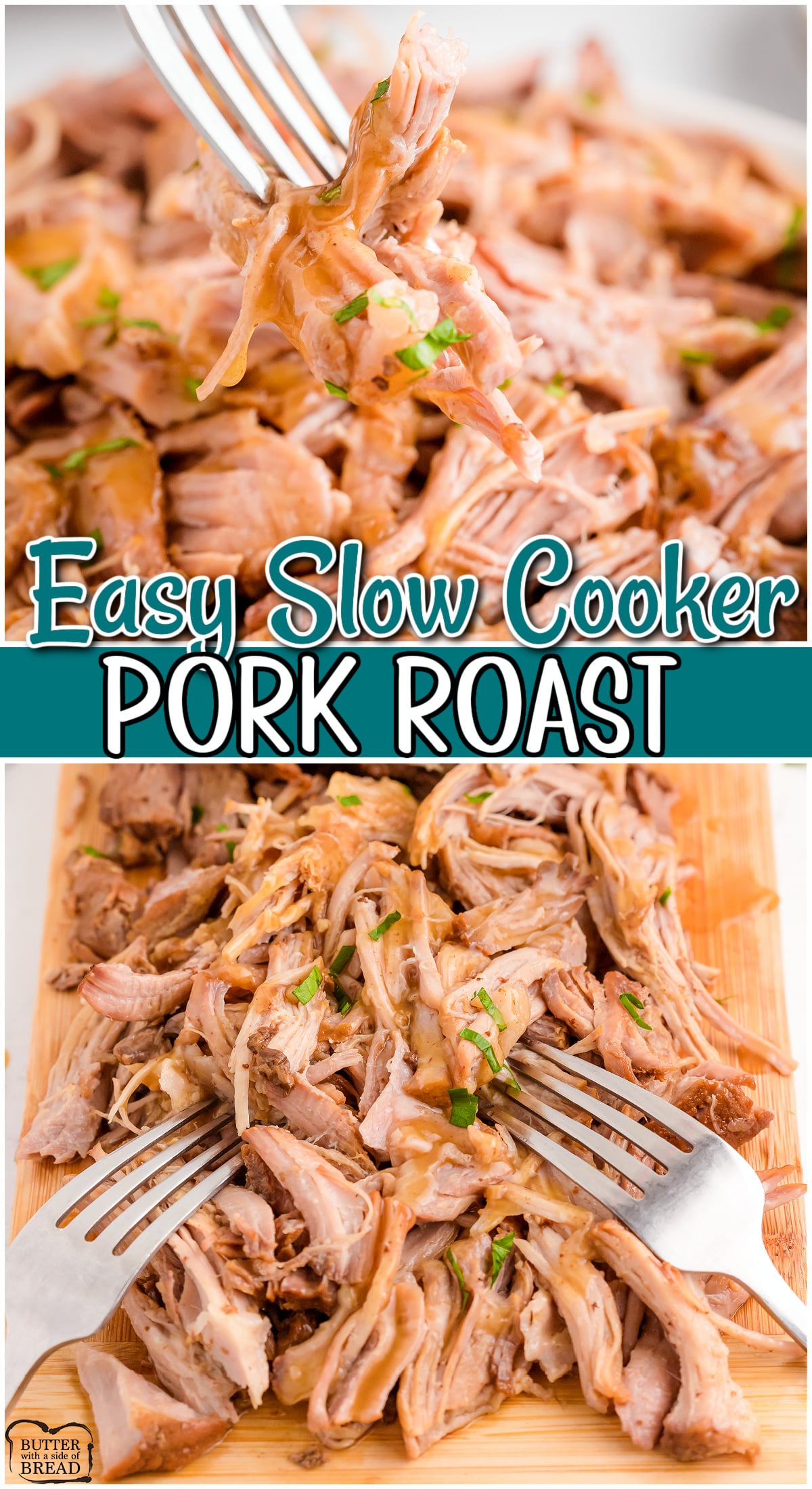 Slow Cooker Pork Roast made with simple ingredients, ready to cook in minutes! Fall-apart tender pork with a flavorful gravy on top make this crock pot pork recipe incredible.
