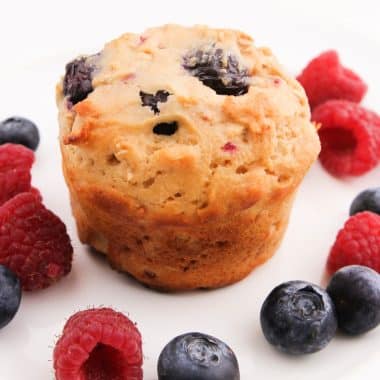 high protein berry muffins with blueberries and raspberries