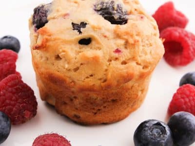 high protein berry muffins with blueberries and raspberries