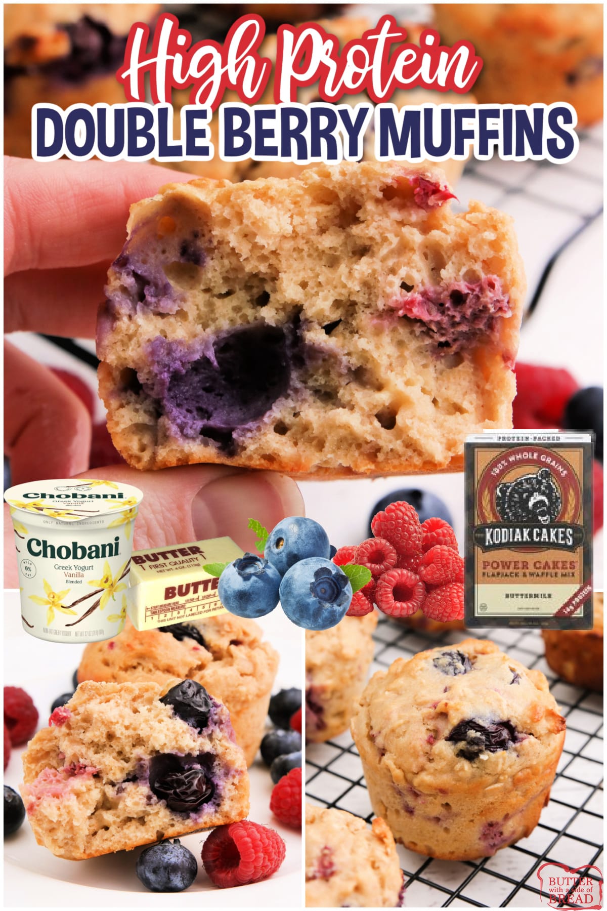 High Protein Double Berry Muffins are moist, sweet, full of blueberries and raspberries and also packed with protein. Each high protein muffin has 12 grams of protein!