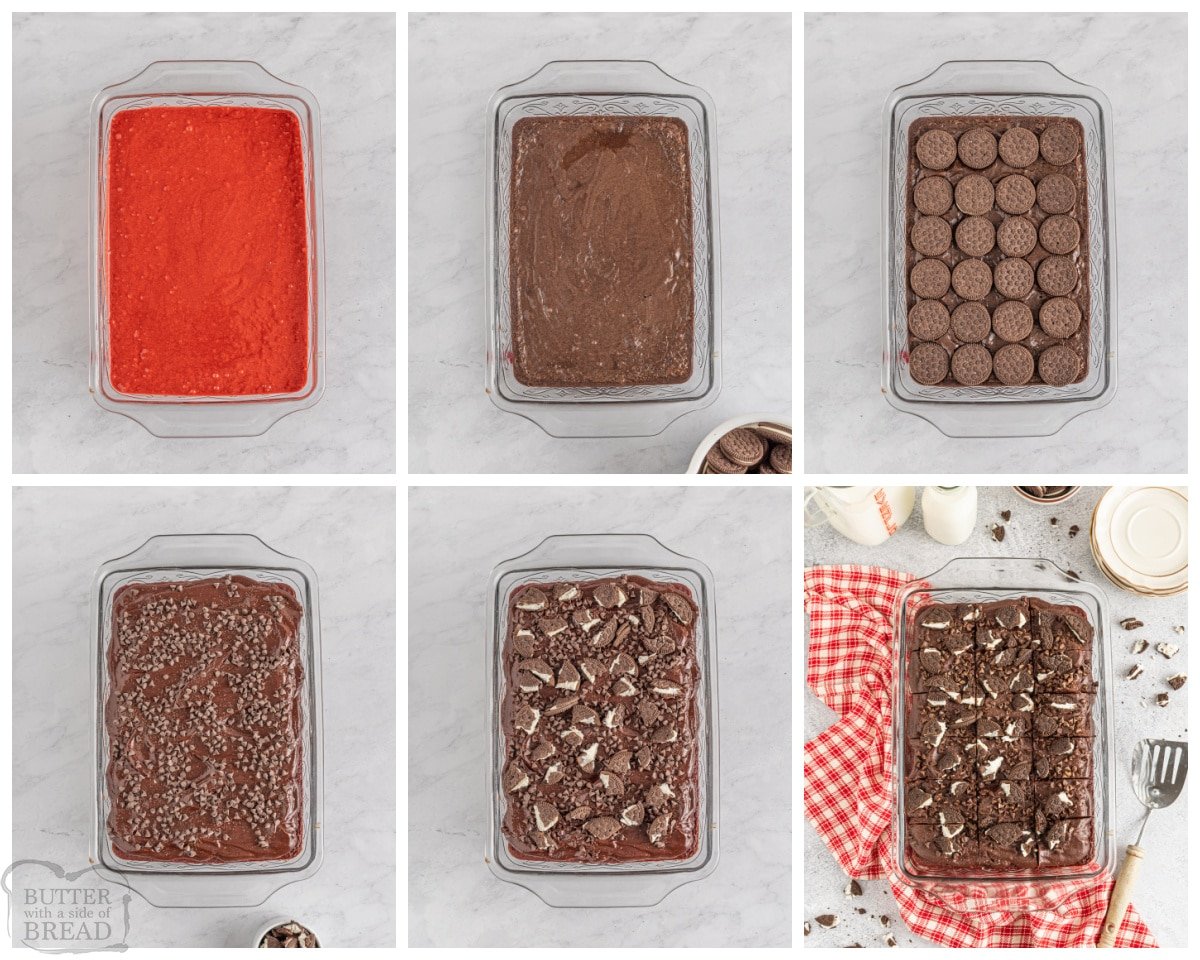 step by step showing how to make oreo red velvet brownies