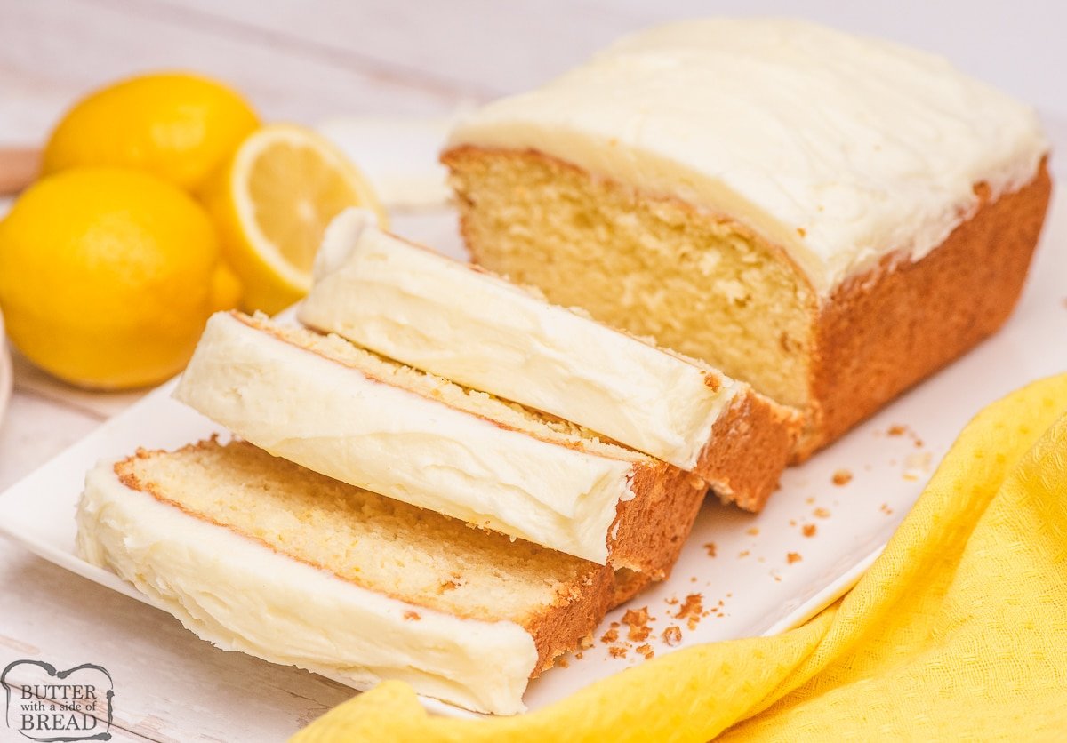 slices of lemon loaf cake with frosting