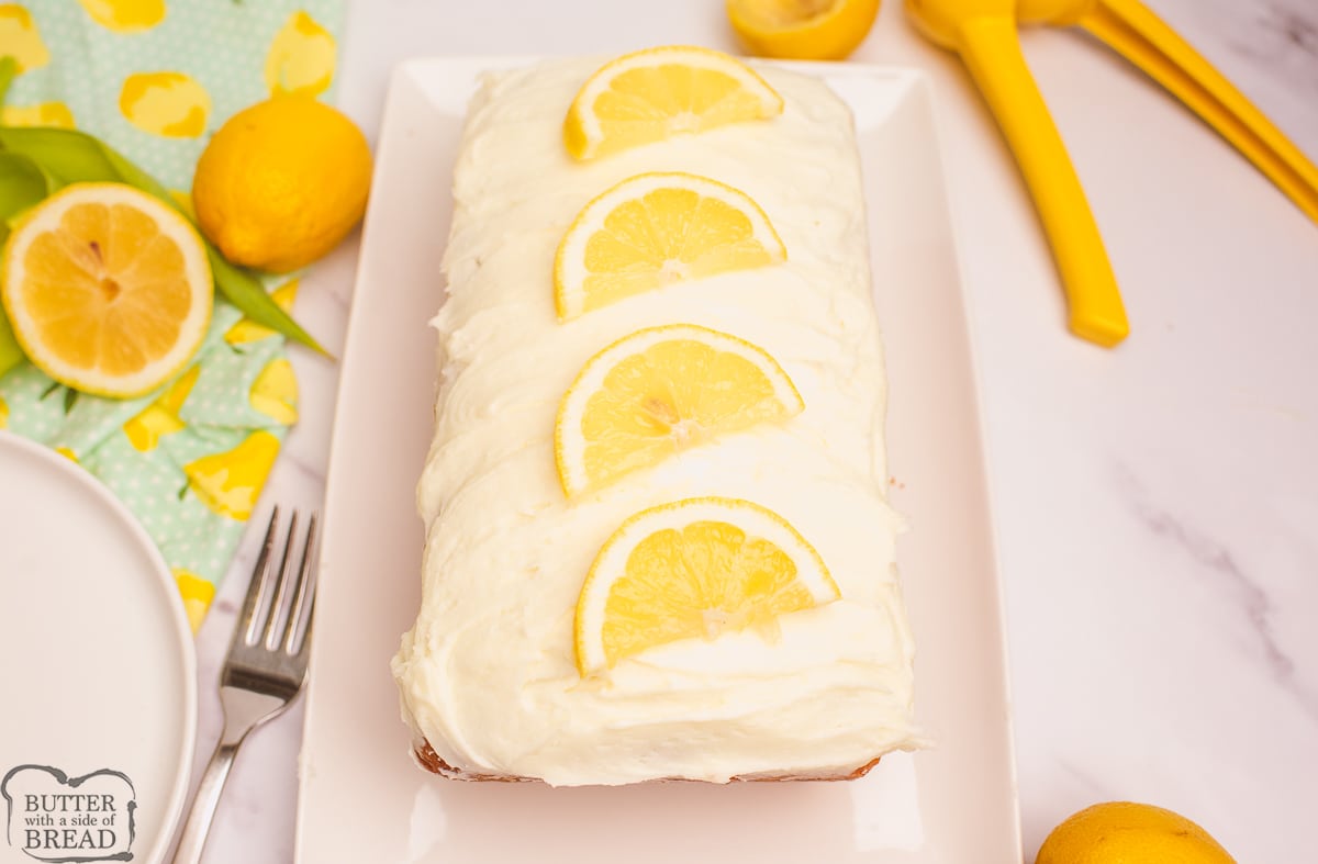 lemon loaf on a white tray
