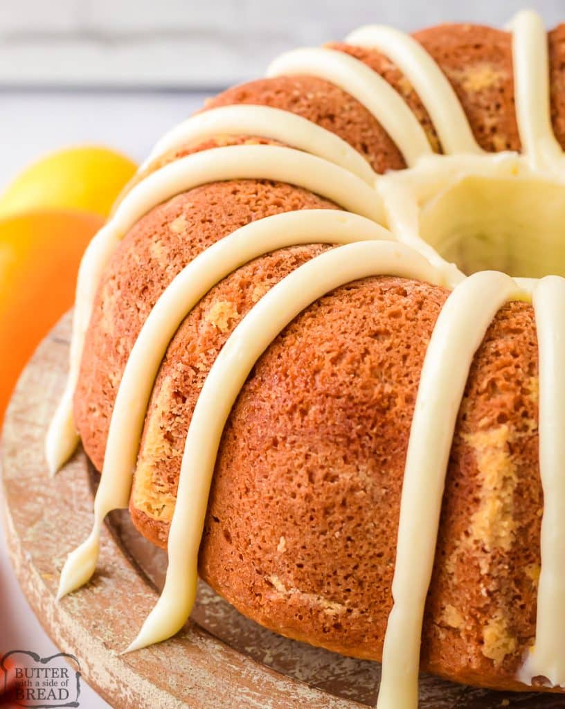top of an orange bundt cake with frosting lines