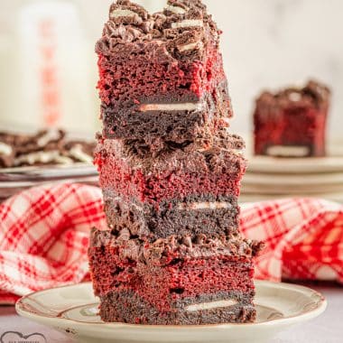 oreo stuffed red velvet brownies in a stack