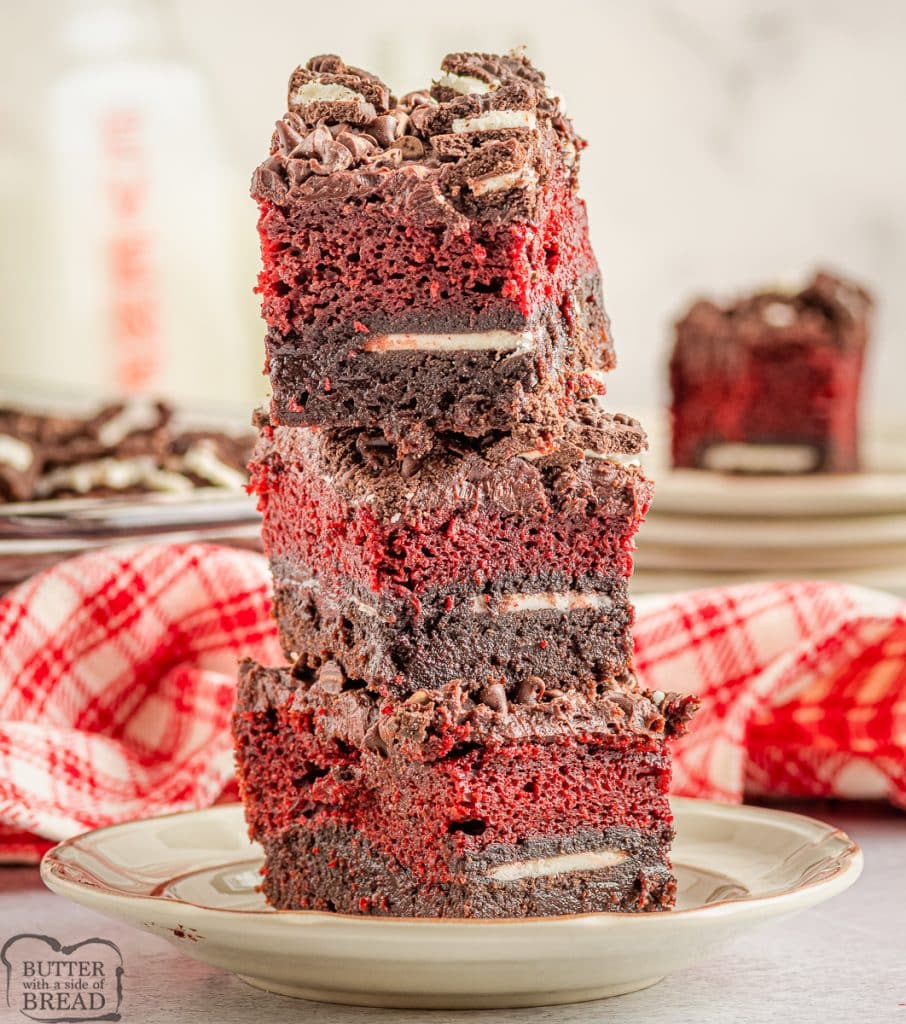 oreo stuffed red velvet brownies in a stack