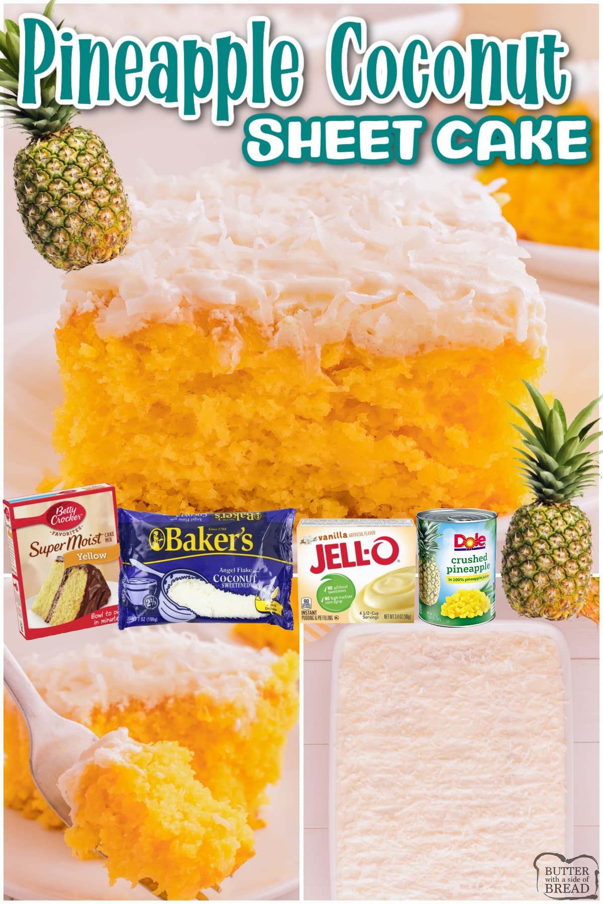 Pineapple Coconut Cake that's made with a boxed cake mix, instant pudding mix and topped with a delicious coconut whipped cream frosting & shredded coconut. Amazing tropical flavored sheet cake recipe!