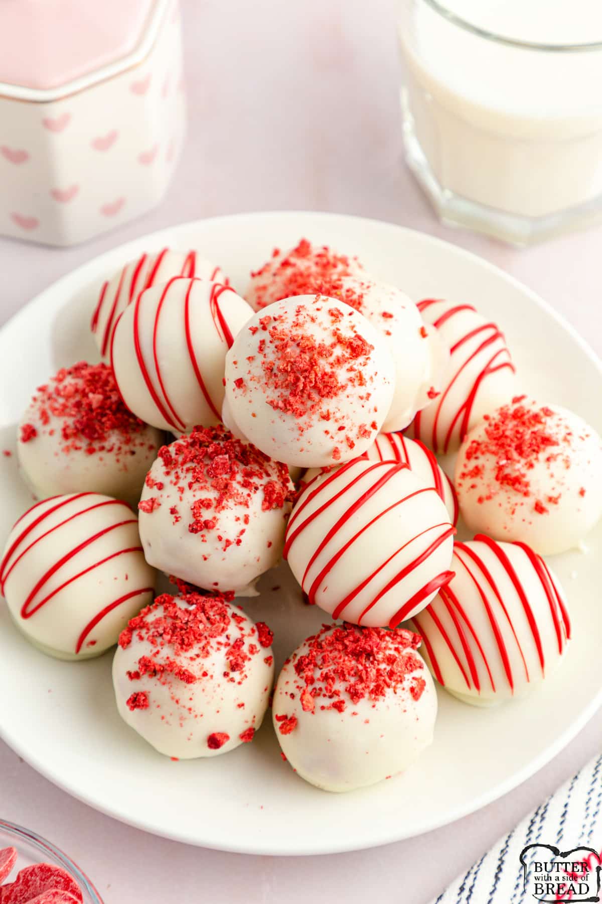 Cake balls made with freeze dried strawberries, a dry cake mix and cream cheese