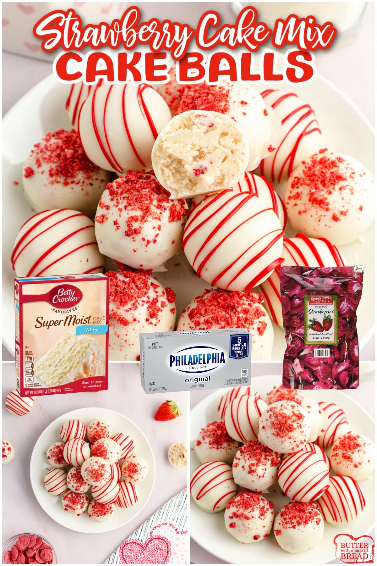 Strawberry Cake Mix Cake Balls made with a vanilla cake mix, cream cheese and freeze dried strawberries. Dip the cake balls in melted chocolate and add some sprinkles. Simple no bake dessert that is perfect for parties and holidays!